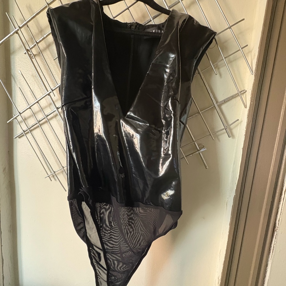 AKIRA Black Patent V-Neck Bodysuit with Mesh Panel